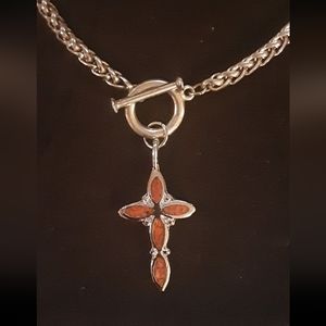 Double Sided Coral & Turquise CROSS Pendant on Chrome Toggle Chain UNISEX